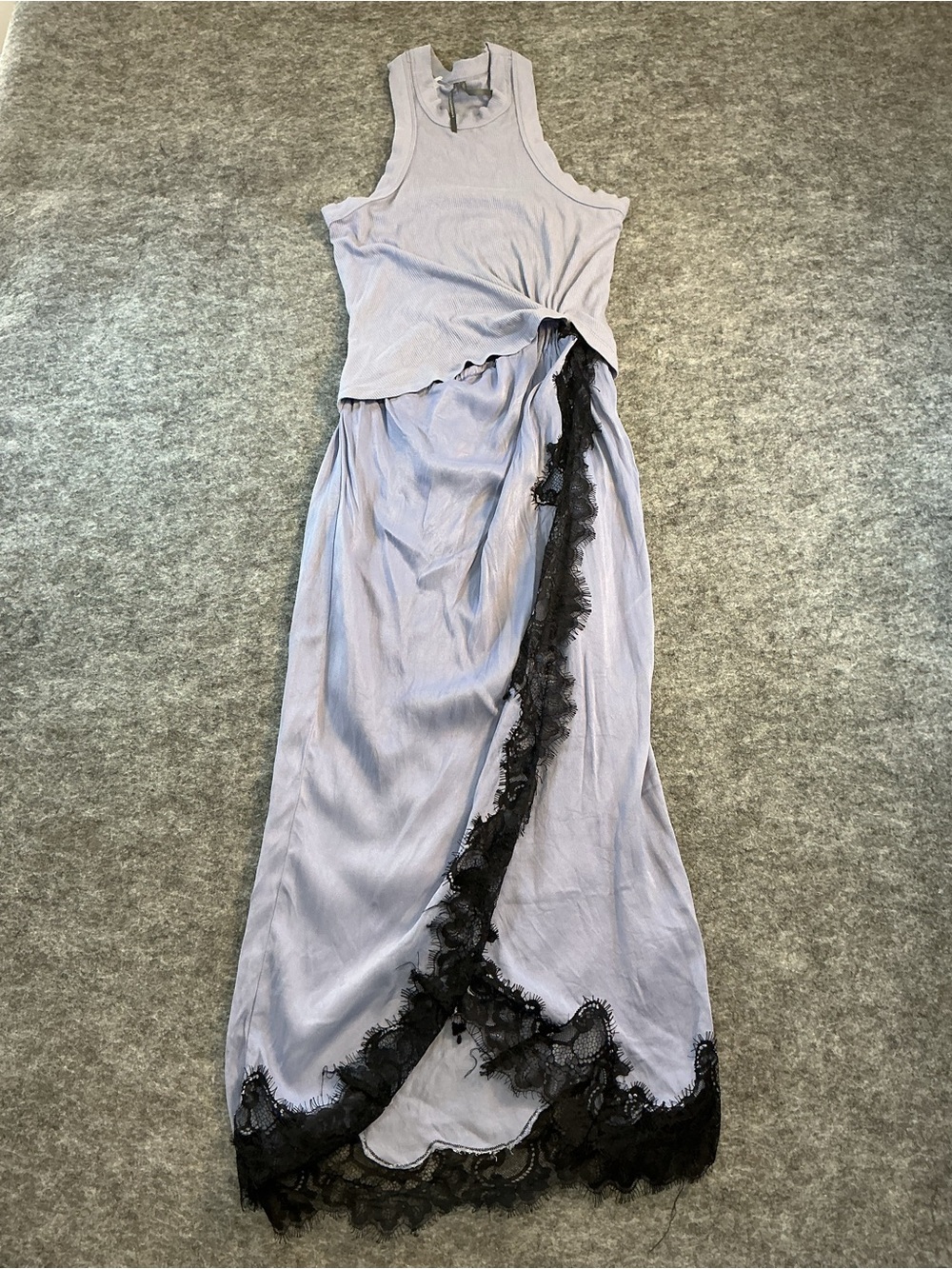 Anthropologie Lavender Maxi Dress with Black Lace Trim Size XS